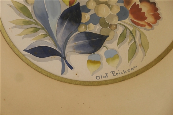Olaf Erickson Watercolor Botanical Painting - Lovely Flowers in Nice Round Walnut Frame - Framed and Matted - Frame Measures 24 Across