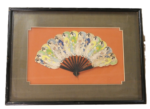 19th Century Hand Painted Chinese Folding Hand Fan - Nicely Framed and Matted - Frame Measures 17 by 24 