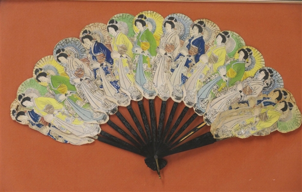 19th Century Hand Painted Chinese Folding Hand Fan - Nicely Framed and Matted - Frame Measures 17 by 24 