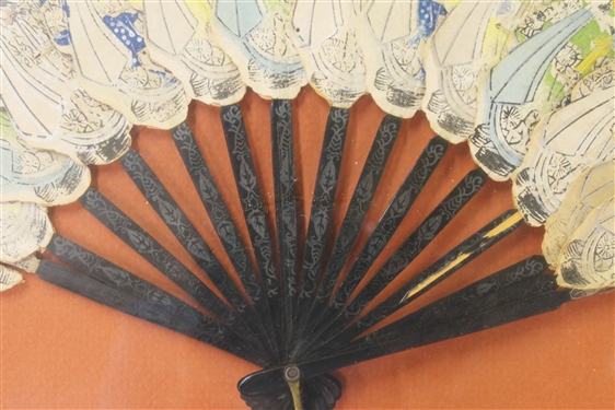 19th Century Hand Painted Chinese Folding Hand Fan - Nicely Framed and Matted - Frame Measures 17 by 24 