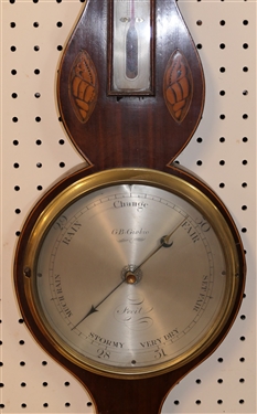 G.B. Giobio Barometer and Thermometer in Inlaid Mahogany Case - Shell and Flower Inlay - Broken Arch Top - Measures 39 by 10