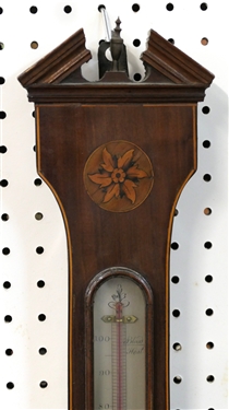 G.B. Giobio Barometer and Thermometer in Inlaid Mahogany Case - Shell and Flower Inlay - Broken Arch Top - Measures 39 by 10