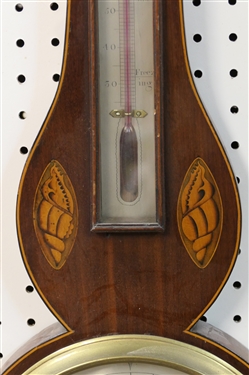 G.B. Giobio Barometer and Thermometer in Inlaid Mahogany Case - Shell and Flower Inlay - Broken Arch Top - Measures 39 by 10