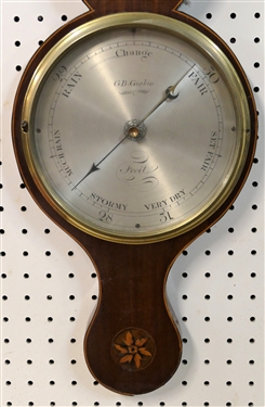 G.B. Giobio Barometer and Thermometer in Inlaid Mahogany Case - Shell and Flower Inlay - Broken Arch Top - Measures 39 by 10