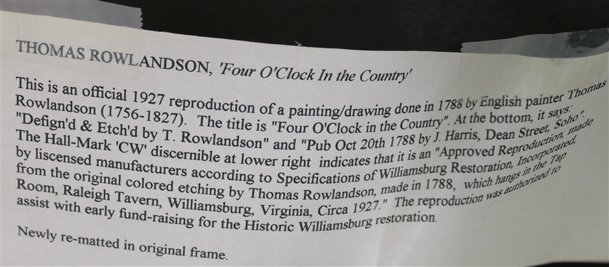 Thomas Rowlandson Four O'clock In The Country - Official 1927 Reproduction Produced to Fund Early Restoration in Williamsburg Virginia- Professionally Framed and Matted - Frame Measures 24 by 28 