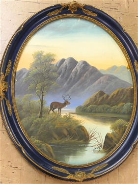 Pair of Edwardian Period Paintings of Scottish Highlands Scenes  - Landscapes with Stags - Signed by Artist - Framed in Navy Blue Oval Frames - Each Measures 24 by 20 