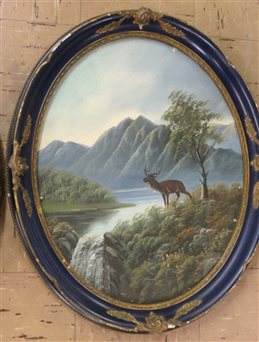 Pair of Edwardian Period Paintings of Scottish Highlands Scenes  - Landscapes with Stags - Signed by Artist - Framed in Navy Blue Oval Frames - Each Measures 24 by 20 