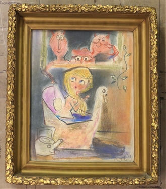 Abstract Modernist Pastel / Watercolor Drawing - By Listed Artist / Illustrator Leon Wall - Framed in Gold Gilt Frame - Frame Measures 10 3/4 by 12 1/4 - Some Minor Gold Loss on Frame 