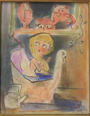 Abstract Modernist Pastel / Watercolor Drawing - By Listed Artist / Illustrator Leon Wall - Framed in Gold Gilt Frame - Frame Measures 10 3/4 by 12 1/4 - Some Minor Gold Loss on Frame 