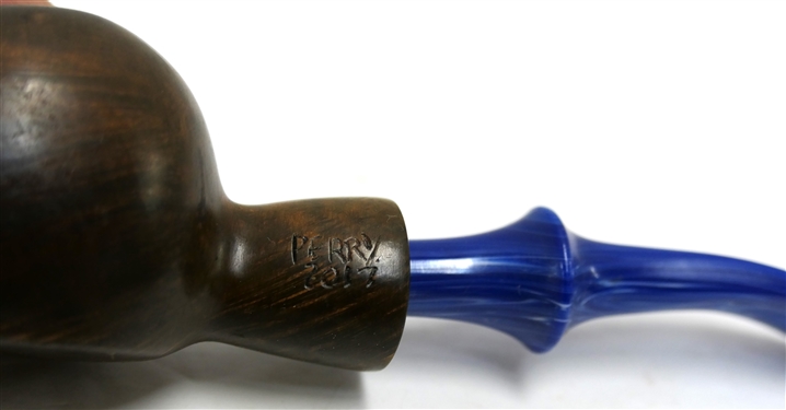 Hand Made Perry Pipe - Marked Perry 2017 Small Bulbous Bowl - Bright Blue Pearlized Stem - Pipe Measures 5 1/4 Long