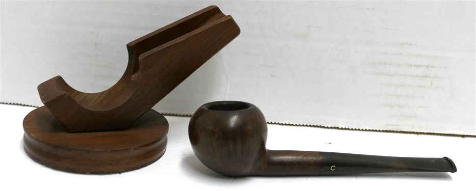 Comoy's Tradition 338 Smoking Pipe - Made in London - with Walnut Pipe Stand - Pipe Measures 5 1/2 Long