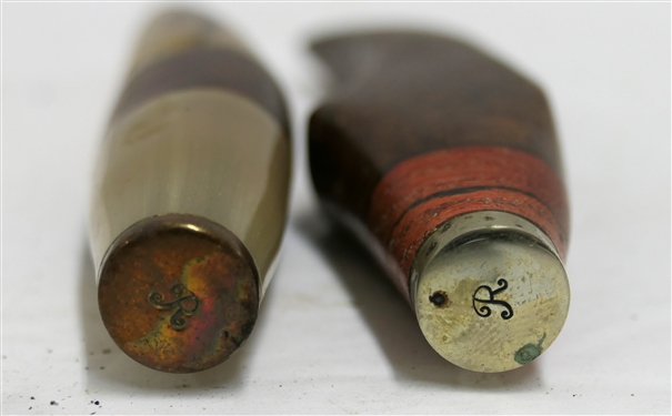 2 Hand Made Pipe Tampers - Wood With Brass Tip Marked with R and Bone with Wood Band and Brass Tip Marked R - Bone Has Some Small Chips to Body 