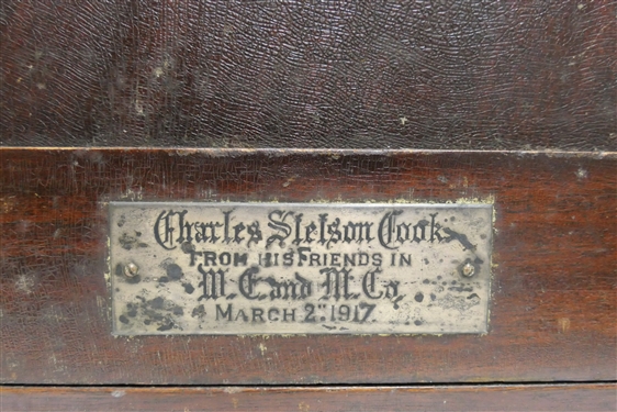 WWI Presentation Humidor Cabinet - Porcelain Lined with 1 Wooden Slat Shelf - Presentation Tag Charles Stetson Cook From His Friends In M.C. and M. Co. March 2nd 1917 - Cabinet Measures 17 Tall...