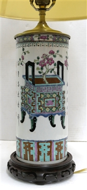 Early 20th Century Chinese Export Cylinder Vessel Converted to Table Lamp with Wood Base - Lamp Measures 17 To Bulb - Porcelain Dragon Finial