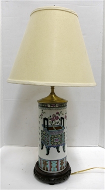Early 20th Century Chinese Export Cylinder Vessel Converted to Table Lamp with Wood Base - Lamp Measures 17 To Bulb - Porcelain Dragon Finial