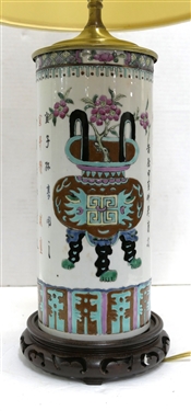 Early 20th Century Chinese Export Cylinder Vessel Converted to Table Lamp with Wood Base - Lamp Measures 17 To Bulb - Porcelain Dragon Finial