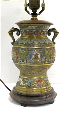 Antique Asian Bronze Champlevé Table Lamp with Wood Base - Nice New Shade - Lamp Measures 13 1/2 To Bulb