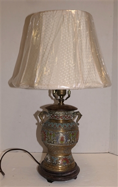 Antique Asian Bronze Champlevé Table Lamp with Wood Base - Nice New Shade - Lamp Measures 13 1/2 To Bulb