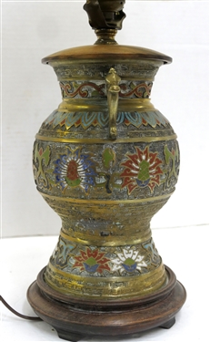 Antique Asian Bronze Champlevé Table Lamp with Wood Base - Nice New Shade - Lamp Measures 13 1/2 To Bulb