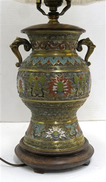 Antique Asian Bronze Champlevé Table Lamp with Wood Base - Nice New Shade - Lamp Measures 13 1/2 To Bulb
