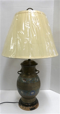 Large Antique Asian Bronze Champleve Table Lamp with Wood Base - New Shade - Lamp Measures 17 To Bulb - Some Finish Loss on Wood Base