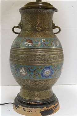 Large Antique Asian Bronze Champleve Table Lamp with Wood Base - New Shade - Lamp Measures 17 To Bulb - Some Finish Loss on Wood Base