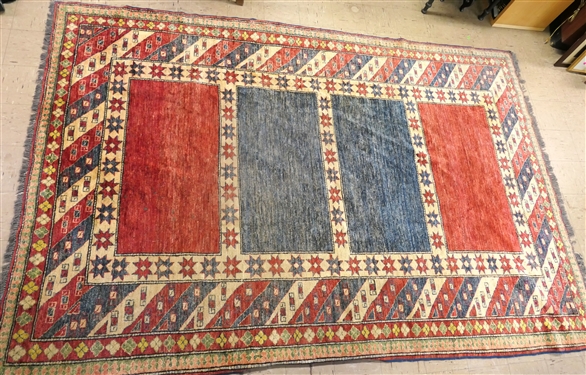 Kazak Rug - Red, Blue, and Cream - Hand Knotted - Measures 9'8 by 6'6 - Needs Cleaning
