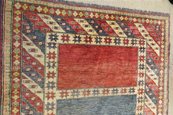 Kazak Rug - Red, Blue, and Cream - Hand Knotted - Measures 9'8 by 6'6 - Needs Cleaning