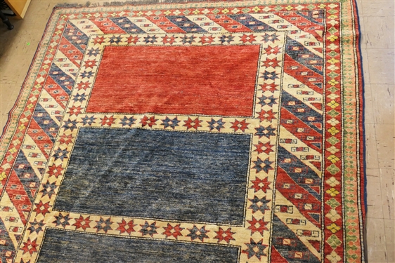 Kazak Rug - Red, Blue, and Cream - Hand Knotted - Measures 9'8 by 6'6 - Needs Cleaning