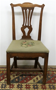 Pegged Chippendale Style Side Chair with Scalloped Apron - Needlepoint Upholstered Seat - Early Repair on Back 