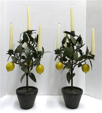 Pair of Metal Tole Painted Lemon Tree Candelabras - Each 4 Branch Candle Holder Measures 18 Not Including Candles