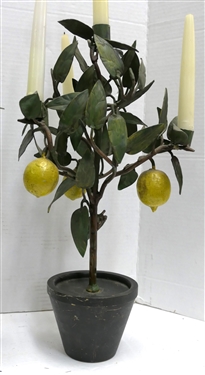 Pair of Metal Tole Painted Lemon Tree Candelabras - Each 4 Branch Candle Holder Measures 18 Not Including Candles