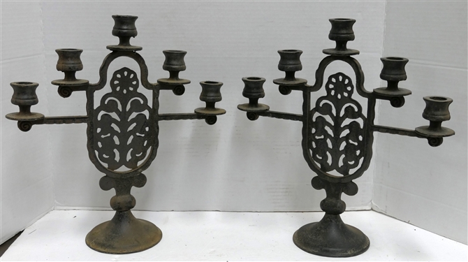 Pair of Wrought Iron Arts and Crafts Style 5 Light  Candelabras - Marked LB 60 - Each Measures 13 1/2 Tall 