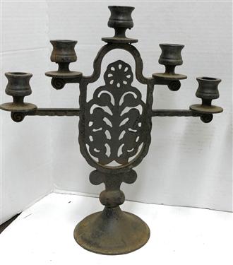 Pair of Wrought Iron Arts and Crafts Style 5 Light  Candelabras - Marked LB 60 - Each Measures 13 1/2 Tall 