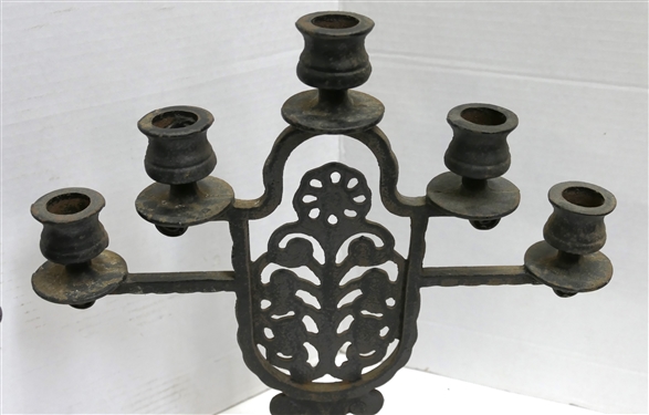 Pair of Wrought Iron Arts and Crafts Style 5 Light  Candelabras - Marked LB 60 - Each Measures 13 1/2 Tall 