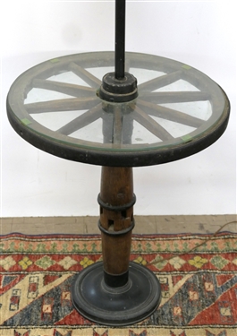 Goat Wagon Wheel / Hub Converted To Floor Lamp Table - Iron Base - Glass Top - Lamp Measures 60 tall 24 to Table Top 20 Across