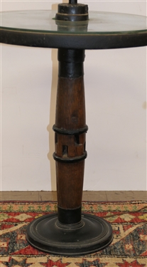 Goat Wagon Wheel / Hub Converted To Floor Lamp Table - Iron Base - Glass Top - Lamp Measures 60 tall 24 to Table Top 20 Across