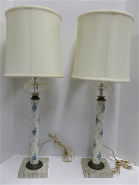 Pair of Mantle Lamps with Marble Bases - Hand Painted Blue Enamel Flowers - Each Lamp Measures 28 Tall