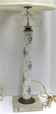Pair of Mantle Lamps with Marble Bases - Hand Painted Blue Enamel Flowers - Each Lamp Measures 28 Tall