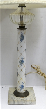 Pair of Mantle Lamps with Marble Bases - Hand Painted Blue Enamel Flowers - Each Lamp Measures 28 Tall
