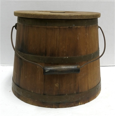 Wood Sugar Bucket with Lid - Wood Bail Handle - Wrap Around Metal Bands - Measures 10 Tall 10 Across