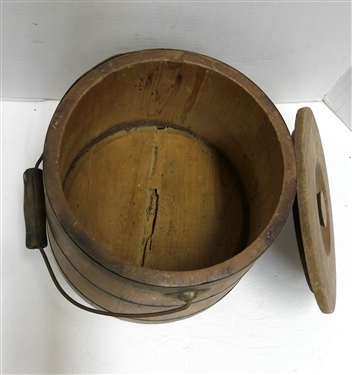 Wood Sugar Bucket with Lid - Wood Bail Handle - Wrap Around Metal Bands - Measures 10 Tall 10 Across