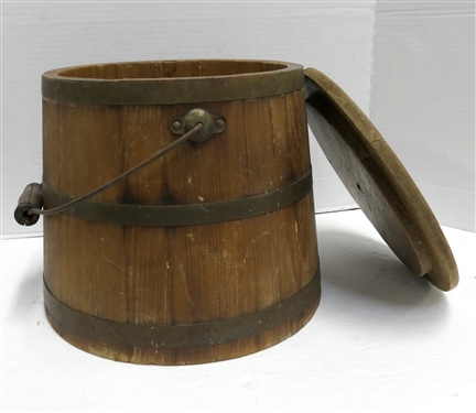 Wood Sugar Bucket with Lid - Wood Bail Handle - Wrap Around Metal Bands - Measures 10 Tall 10 Across