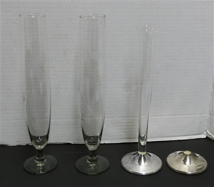 Bud Vases Including - 2 Vases Smoke Colored with Etched Flowers, Bud Vase with Sterling Silver Weighted Bottom, and Additional Weighted Sterling Silver Base