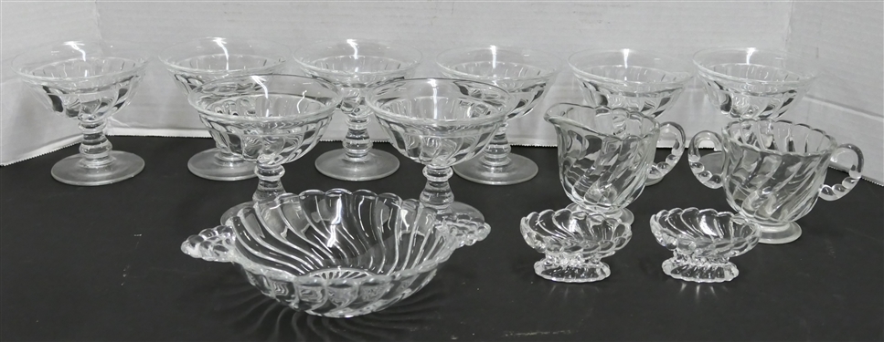 8 Colony By Fostoria Footed Sherbet Glasses, Cream & Sugar, Double Handled Bowl, and 2 Salt Cellars 