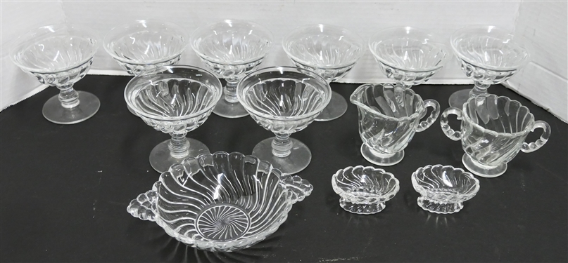 8 Colony By Fostoria Footed Sherbet Glasses, Cream & Sugar, Double Handled Bowl, and 2 Salt Cellars 