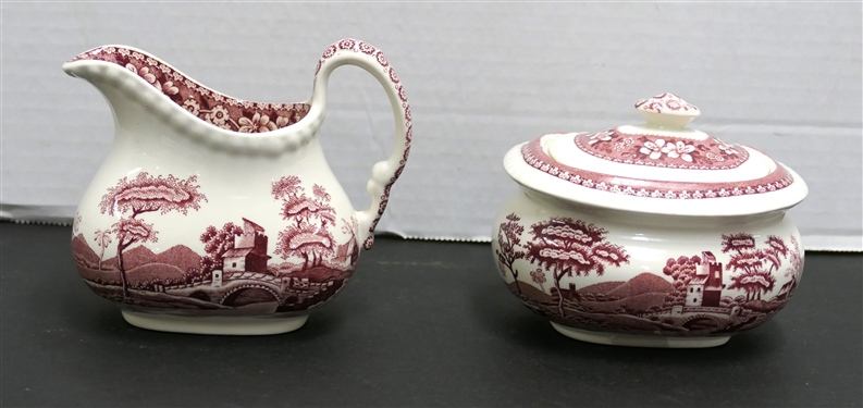 Spode Pink Tower Cream and Sugar Set - Creamer Measures 3 1/2 Tall 4 1/2 Spout to Handle
