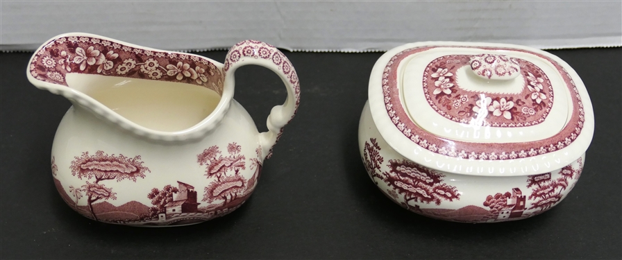 Spode Pink Tower Cream and Sugar Set - Creamer Measures 3 1/2 Tall 4 1/2 Spout to Handle