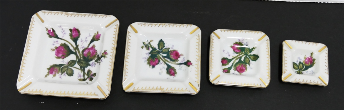 4 Piece Moss Rose Graduating Ash Tray Set - Largest Measures 5 1/4 by 5 1/4 Smallest 2 3/4 by 2 3/4