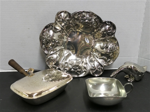 Quadruple Plate Floral Repousse Bowl, Crumb Catcher with Wood Handle, Holland Pewter Nappy, and Unusual  Metal Goose with Pierced Back 